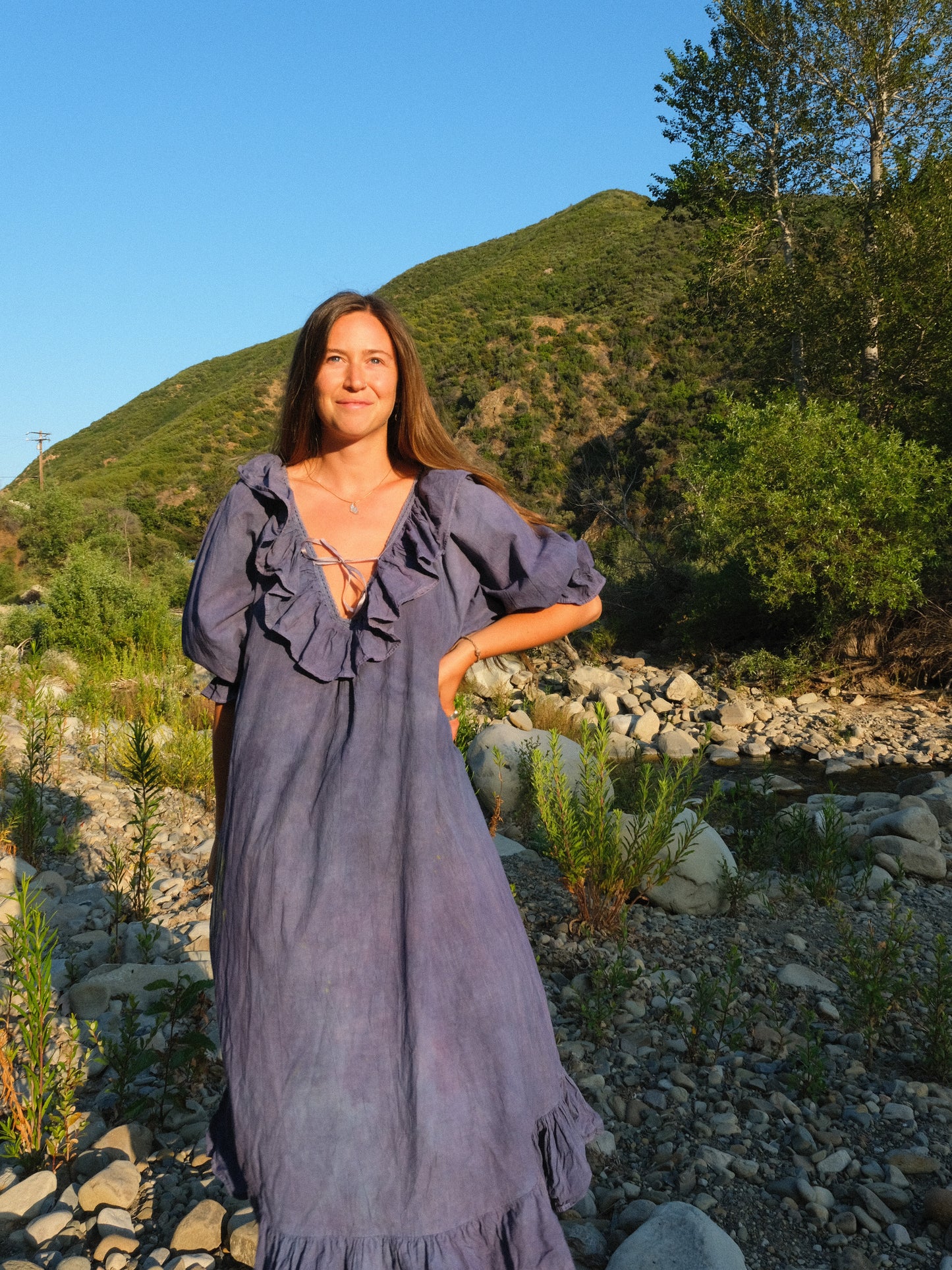 Indigo & Logwood Plunging Neck Maxi Dress