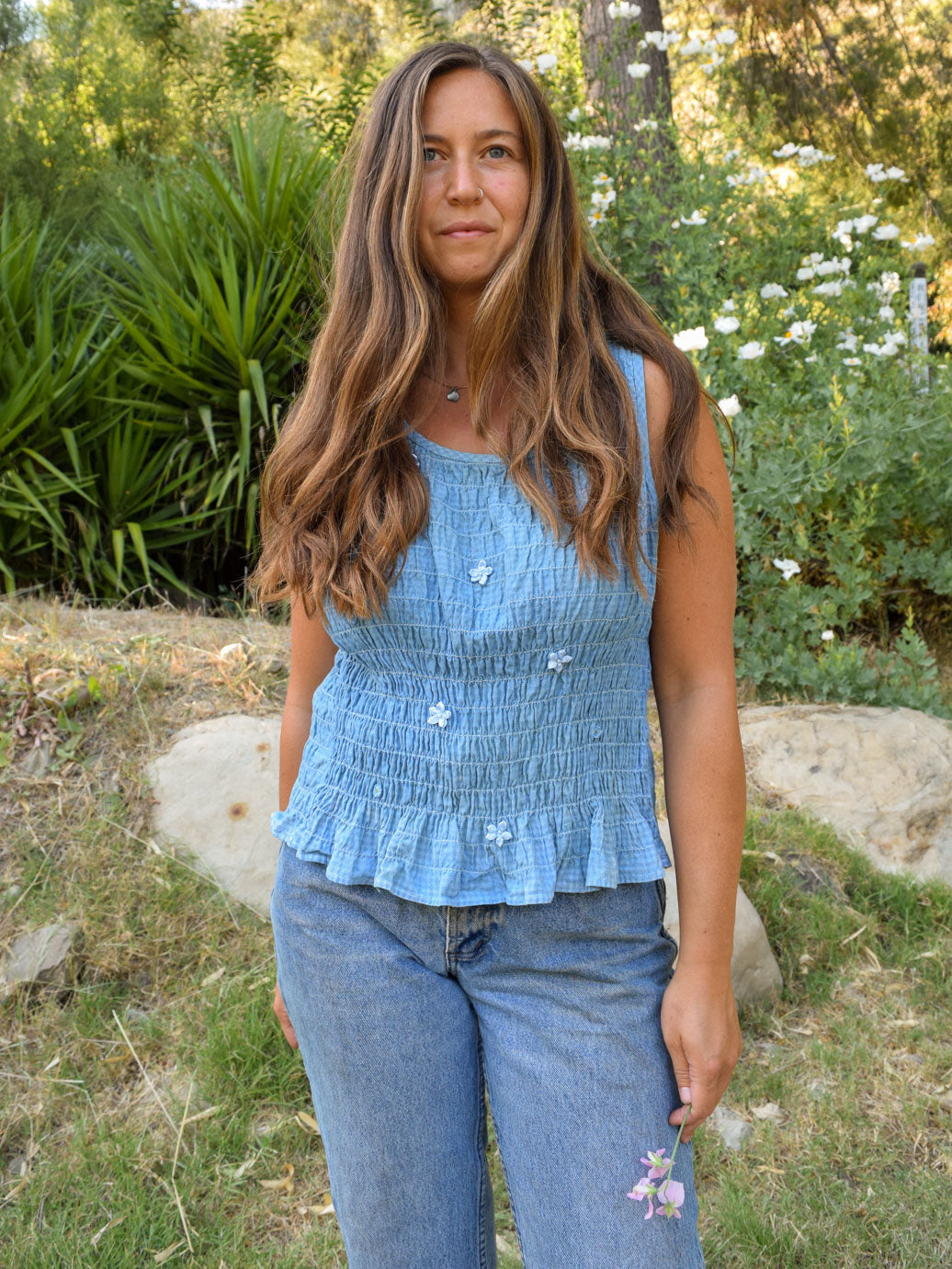 Indigo Smocked Gingham Tank