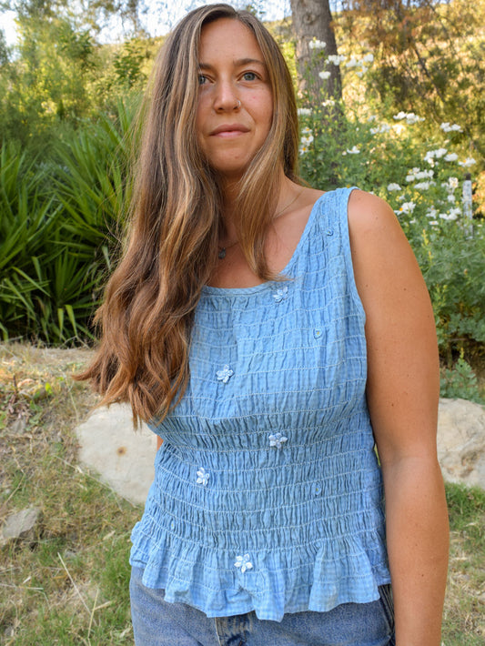 Indigo Smocked Gingham Tank