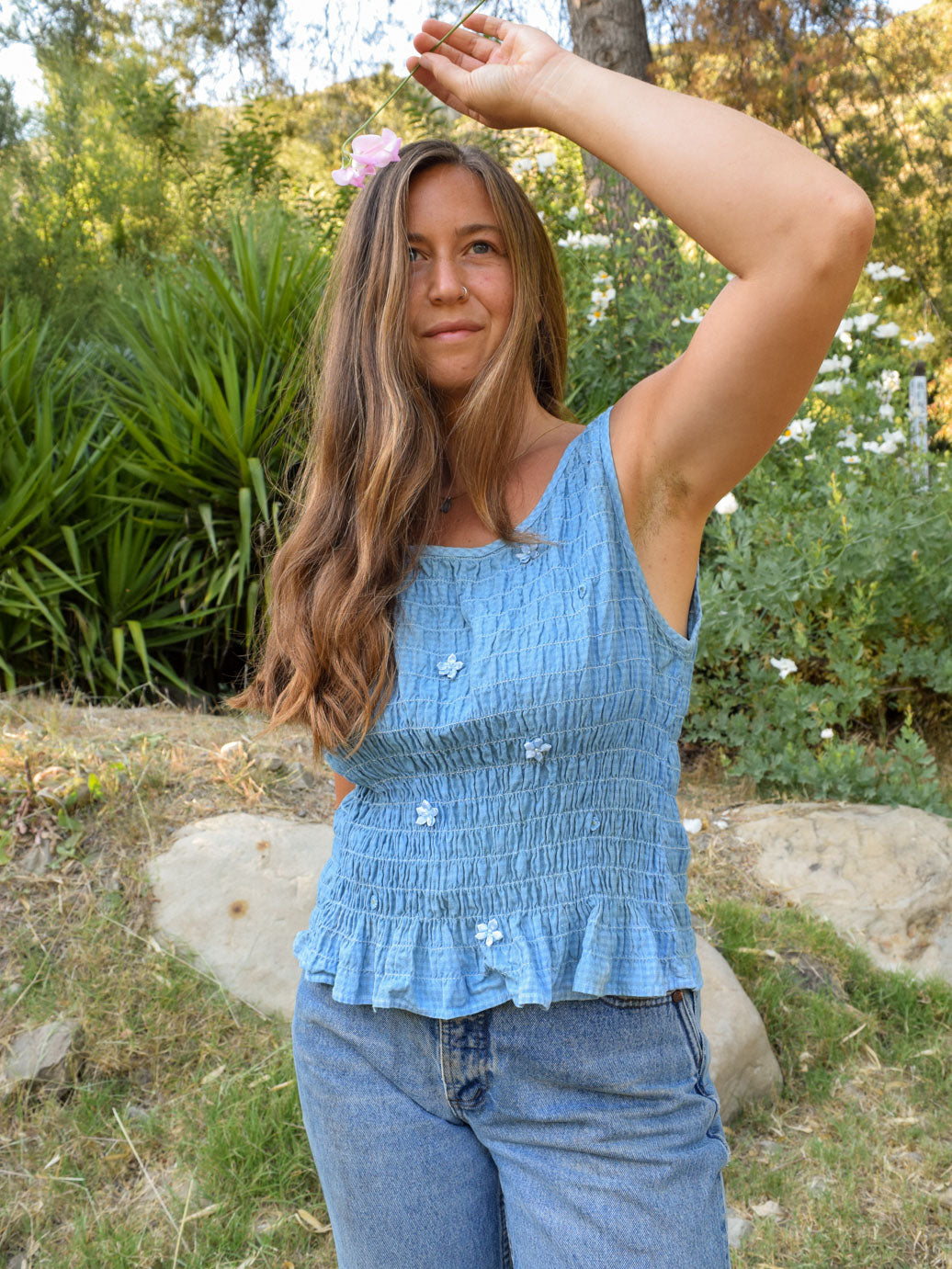 Indigo Smocked Gingham Tank