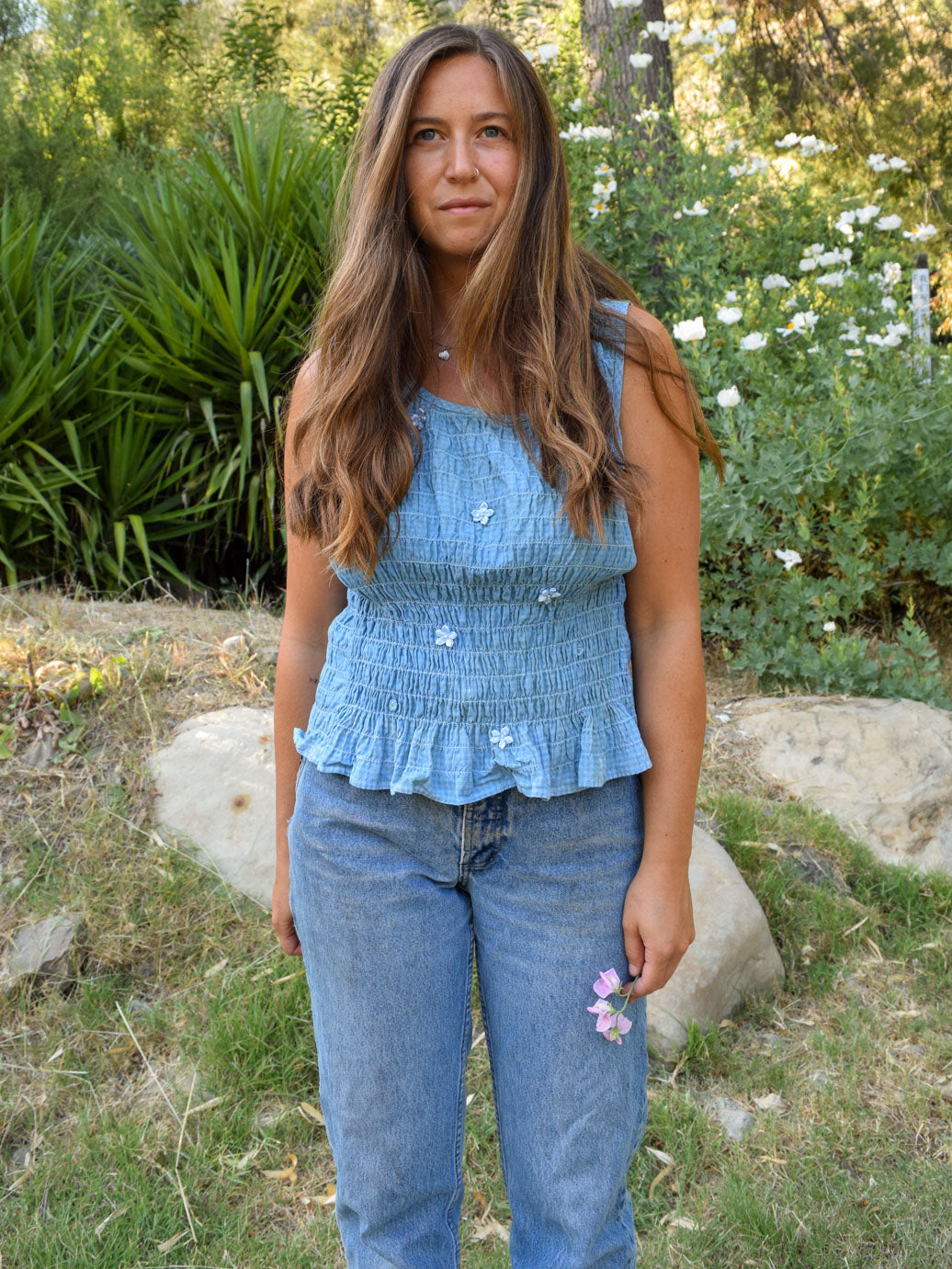 Indigo Smocked Gingham Tank