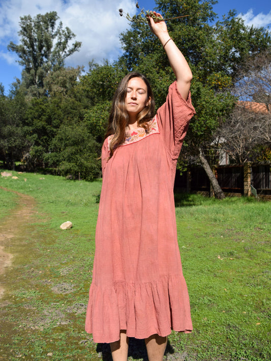 Madder Gauze Embroidered Yoke Dress