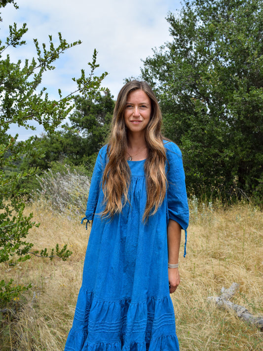 Indigo Soft Cotton Ruffle Midi Dress