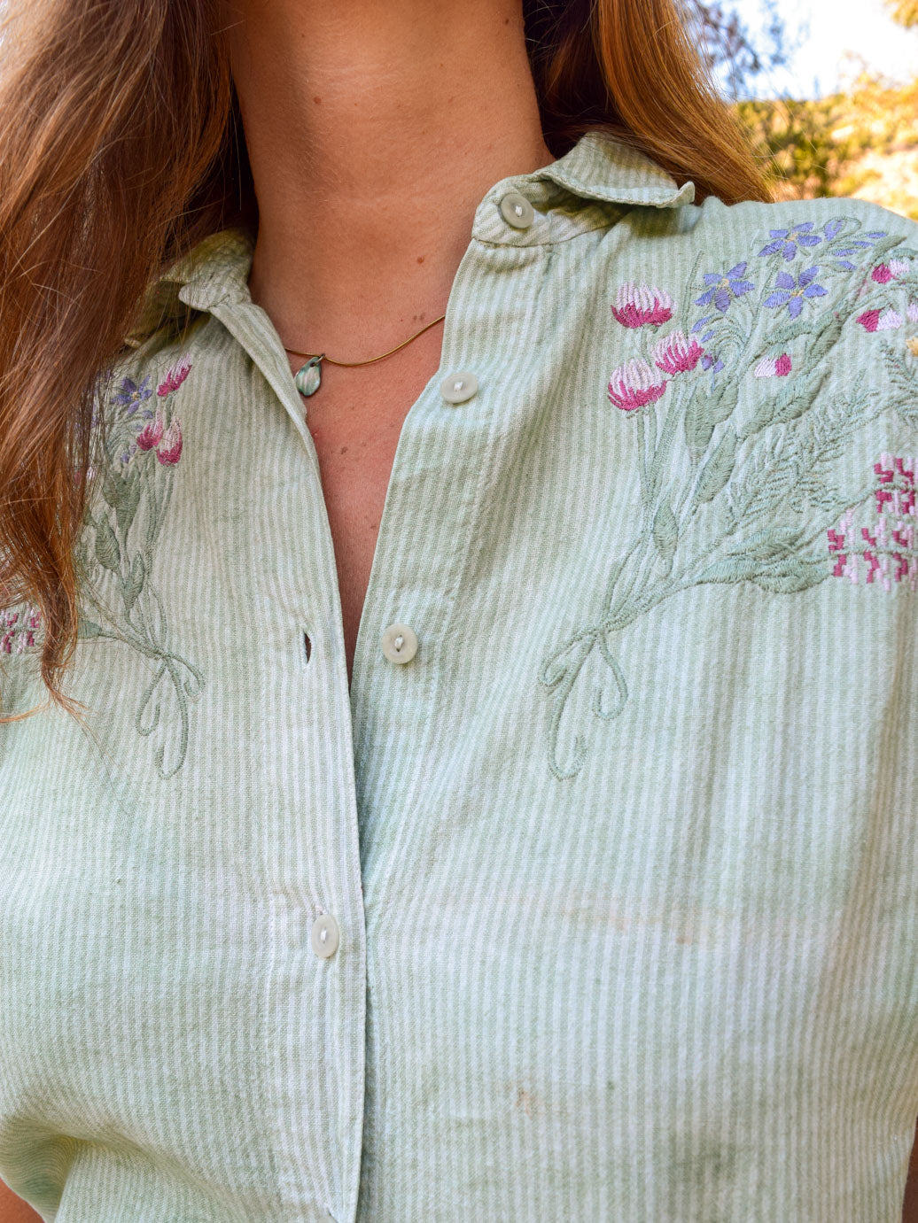 Chlorophyllin Flower Embroider Striped Collar Blouse