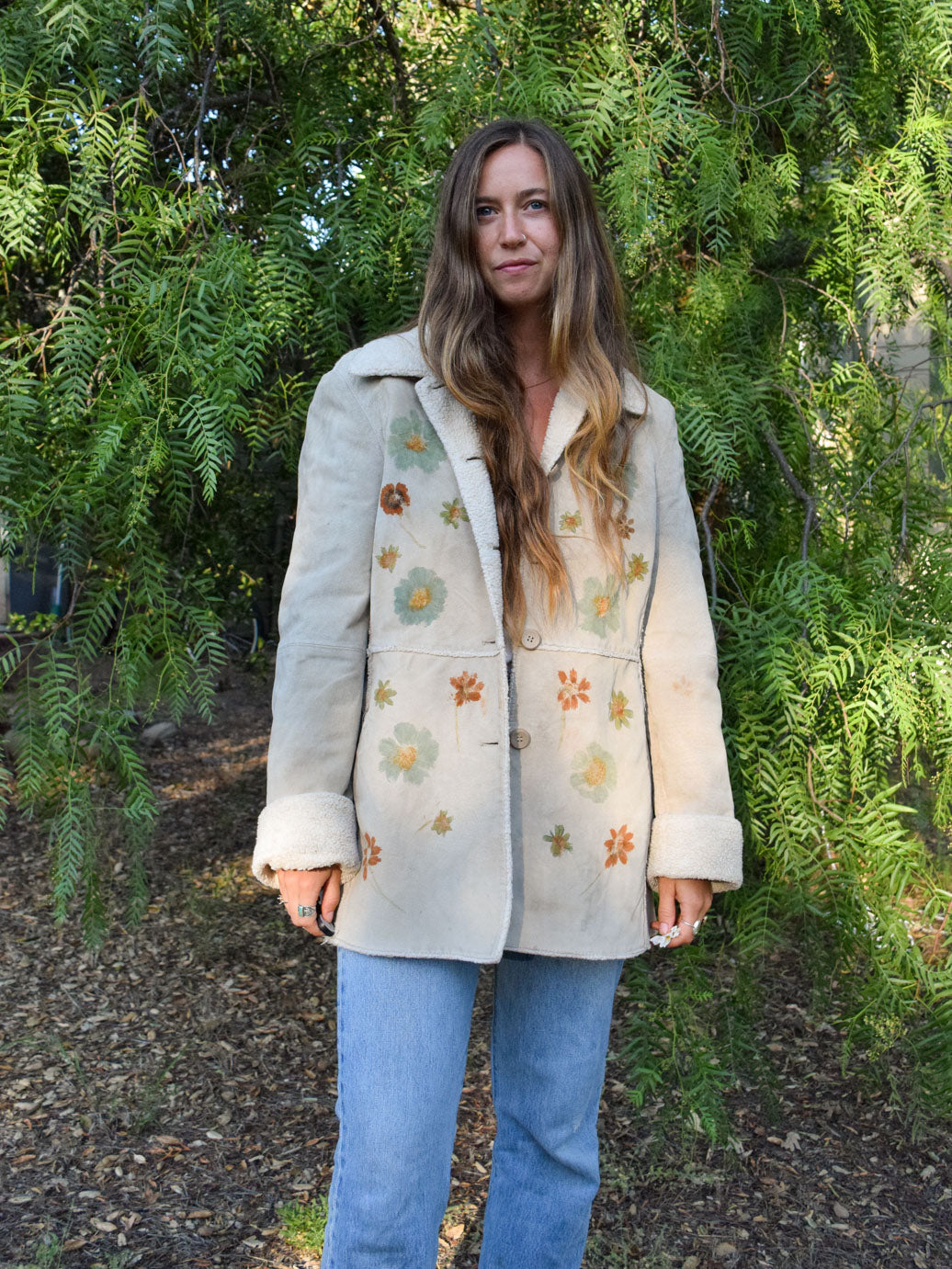 Flower Hammered Suede Leather Coat