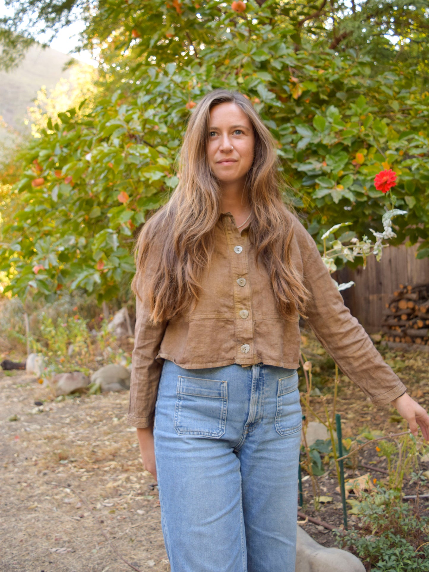 Pomegrante & Iron Linen Cropped Blouse