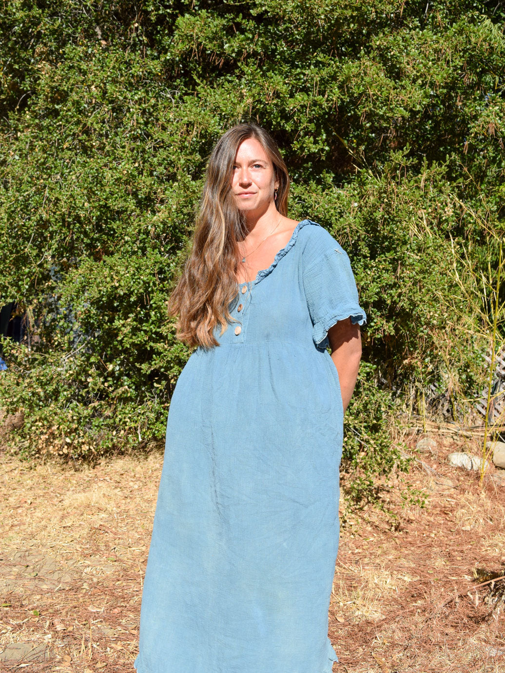 Indigo Cotton Gauze Wood Button Dress