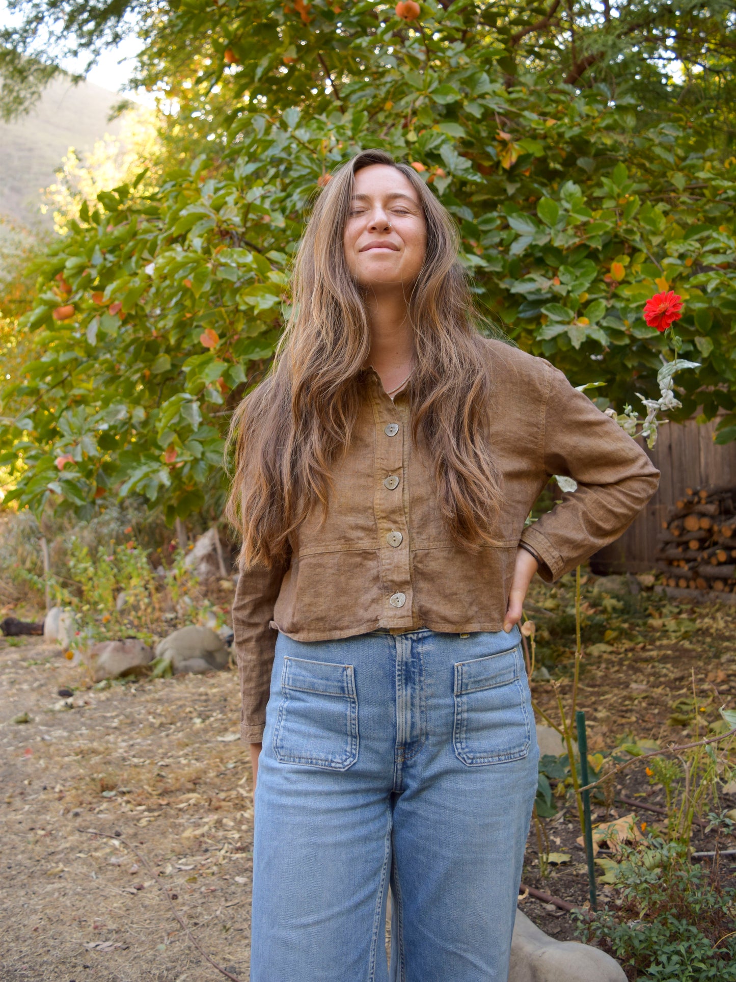 Pomegrante & Iron Linen Cropped Blouse