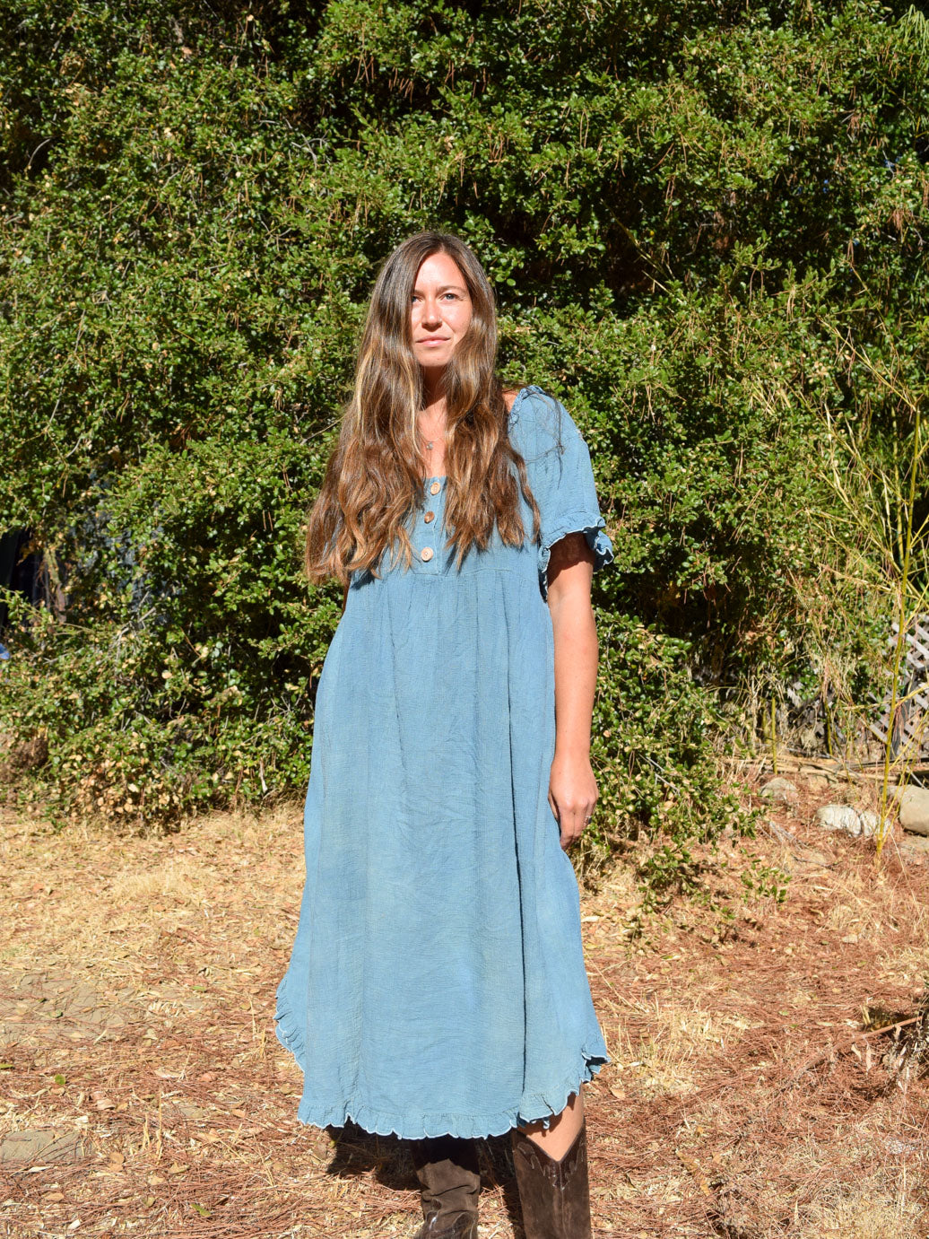 Indigo Cotton Gauze Wood Button Dress