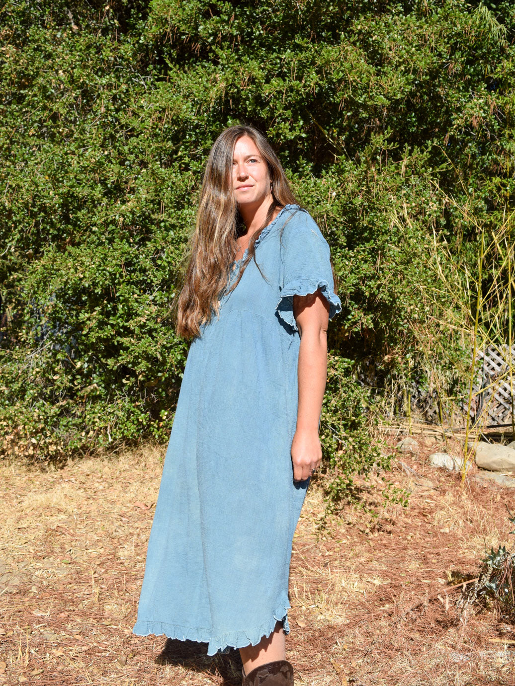 Indigo Cotton Gauze Wood Button Dress