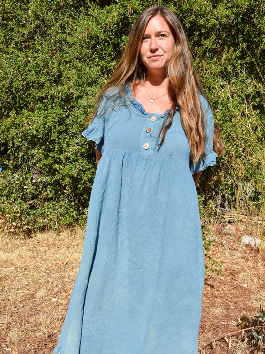 Indigo Cotton Gauze Wood Button Dress