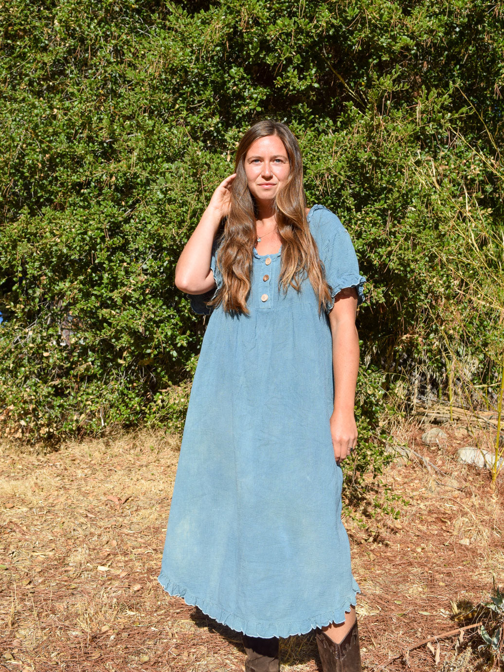 Indigo Cotton Gauze Wood Button Dress