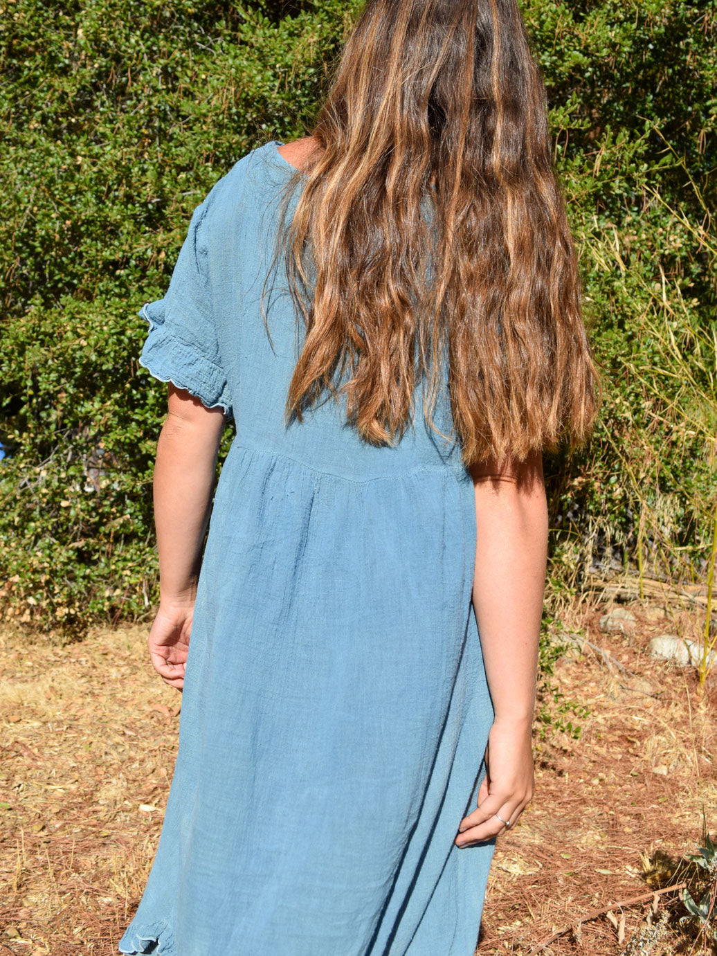 Indigo Cotton Gauze Wood Button Dress