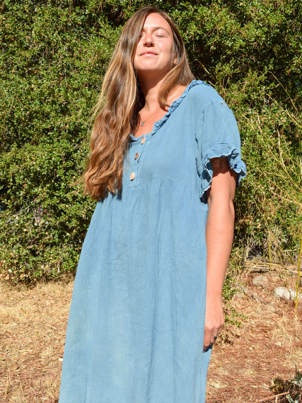 Indigo Cotton Gauze Wood Button Dress