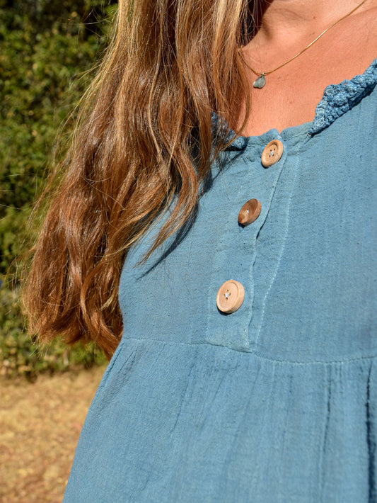 Indigo Cotton Gauze Wood Button Dress