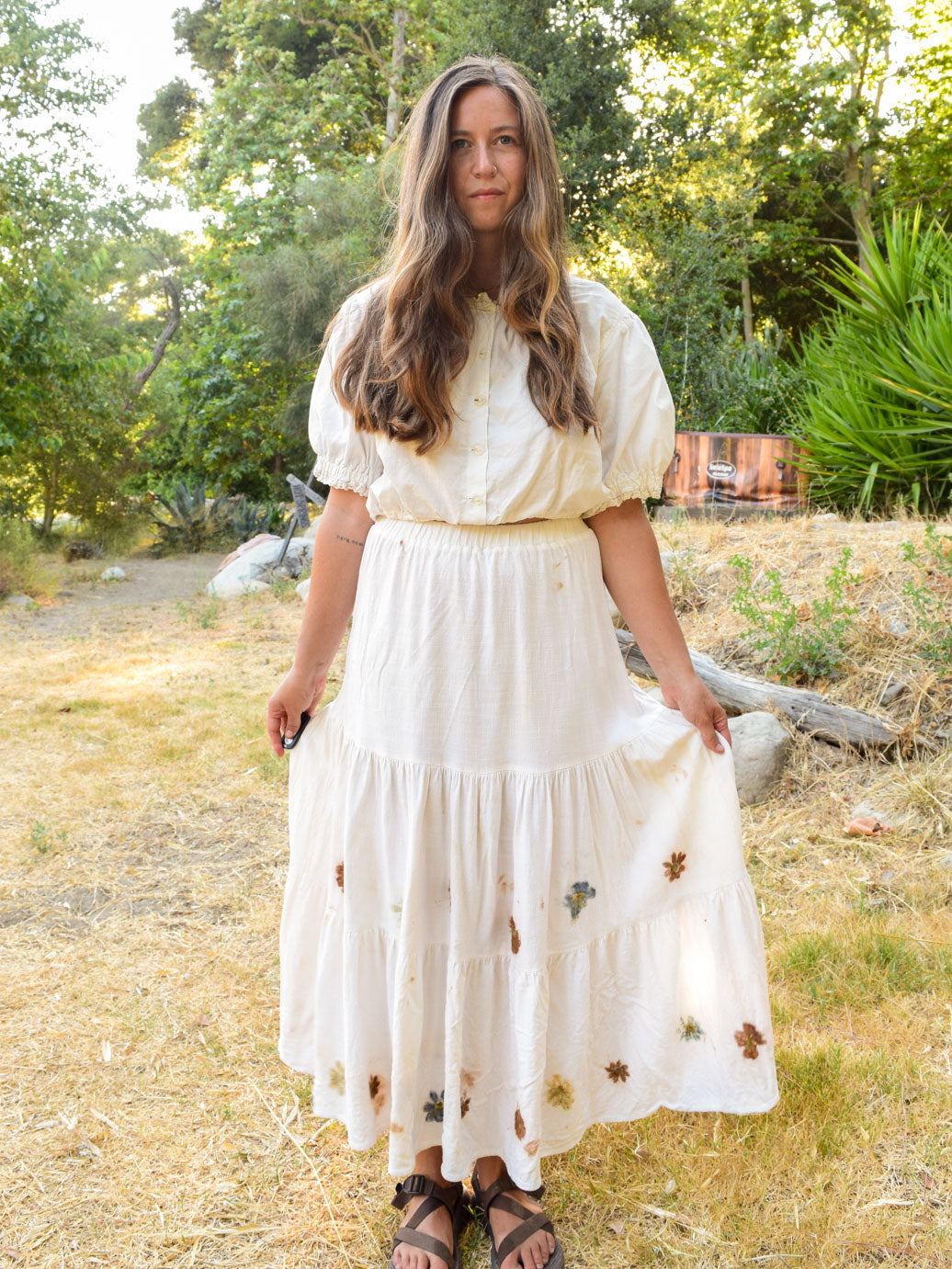 Flower Hammered White Tiered Skirt