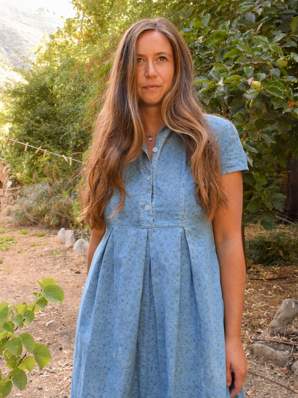 Indigo Floral Pleated Dress