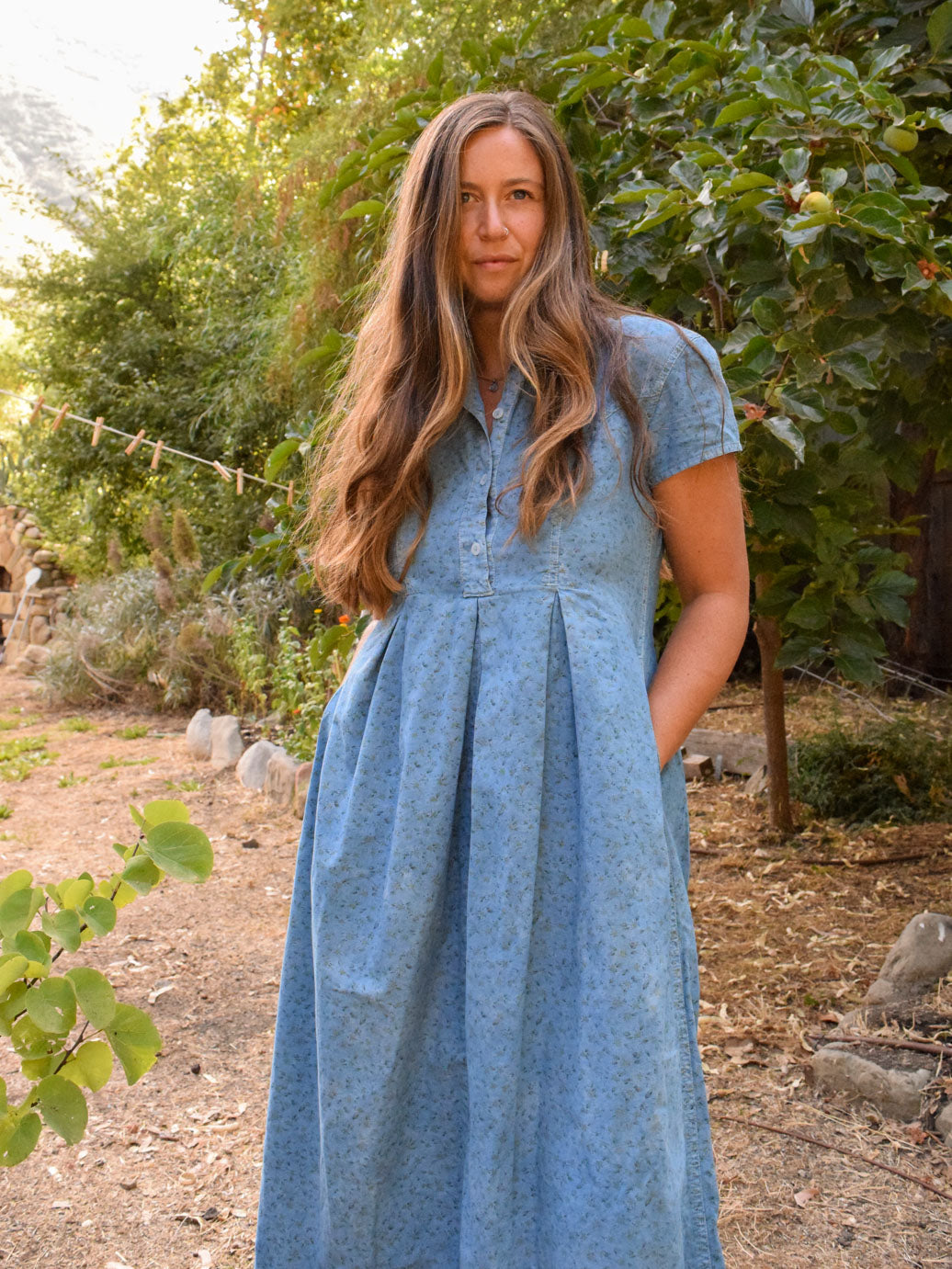 Indigo Floral Pleated Dress