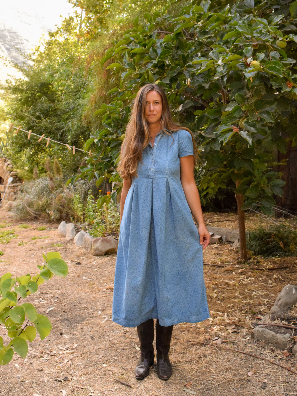 Indigo Floral Pleated Dress