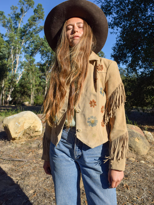 Flower Hammered Suede Fringe Jacket