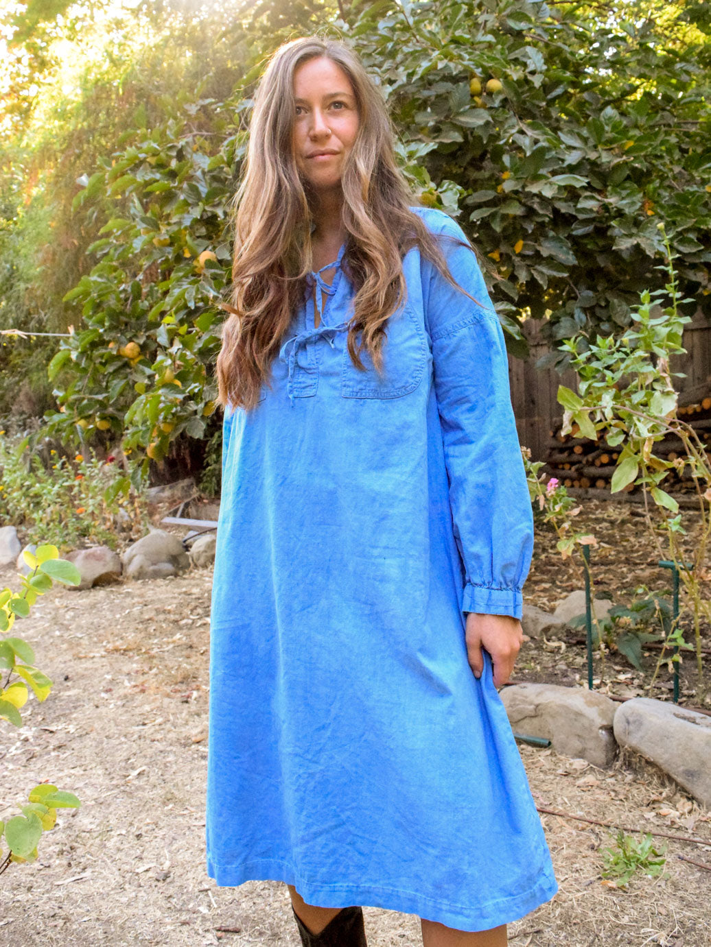 Indigo Tie Neck Shirt Dress