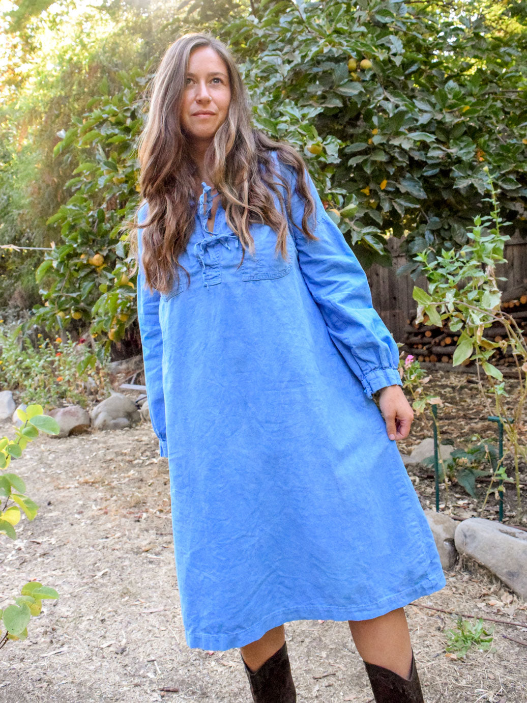 Indigo Tie Neck Shirt Dress