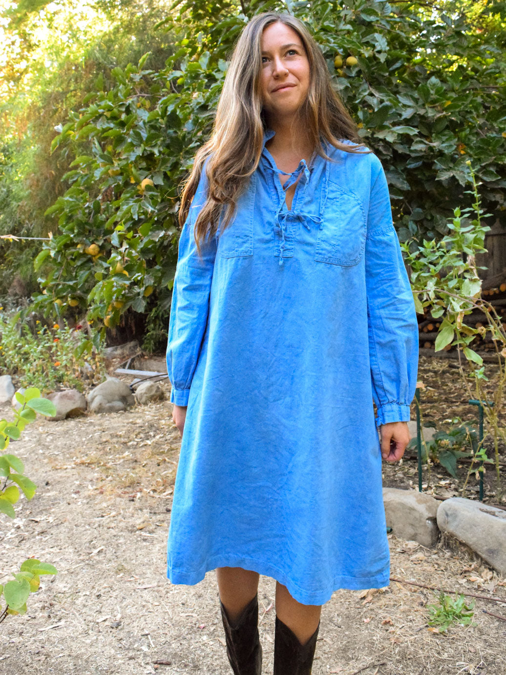 Indigo Tie Neck Shirt Dress