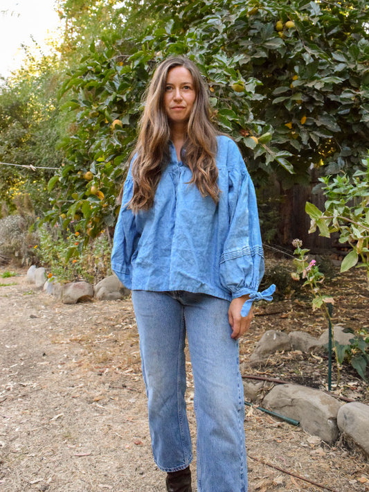 Indigo Linen Round Yoke Blouse