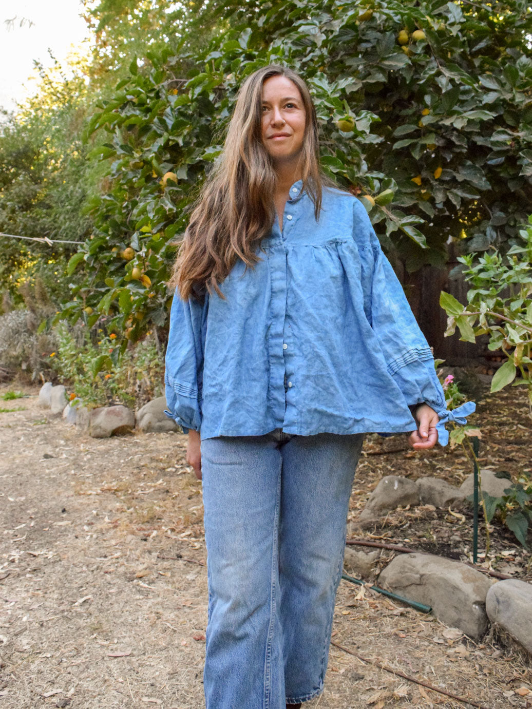 Indigo Linen Round Yoke Blouse