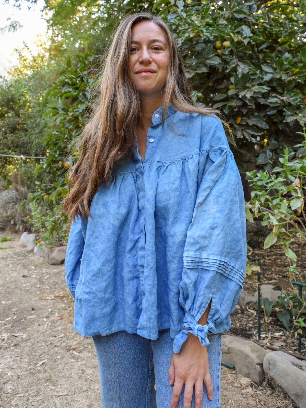 Indigo Linen Round Yoke Blouse