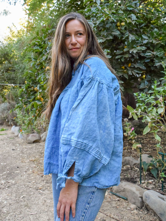 Indigo Linen Round Yoke Blouse