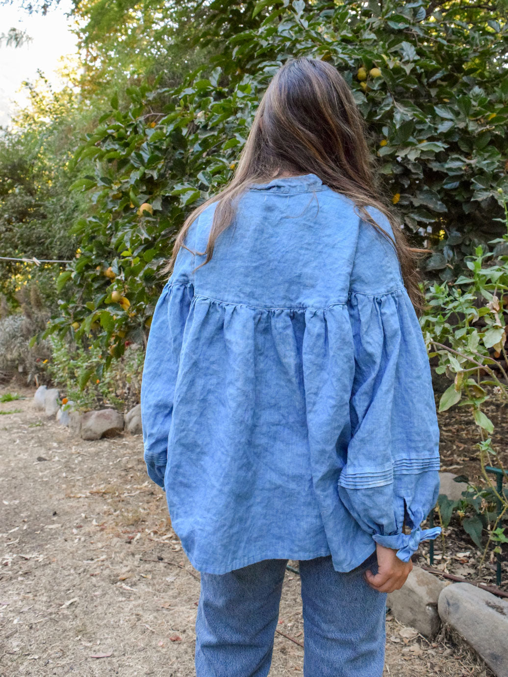 Indigo Linen Round Yoke Blouse