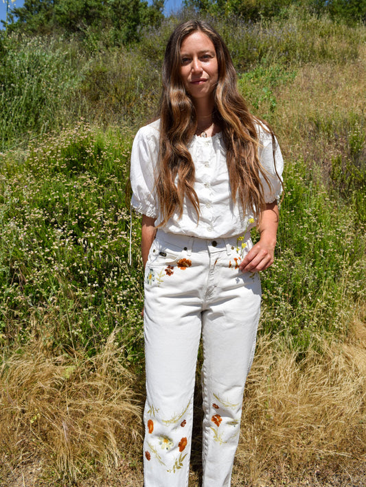 Eco-printed White Denim Jeans