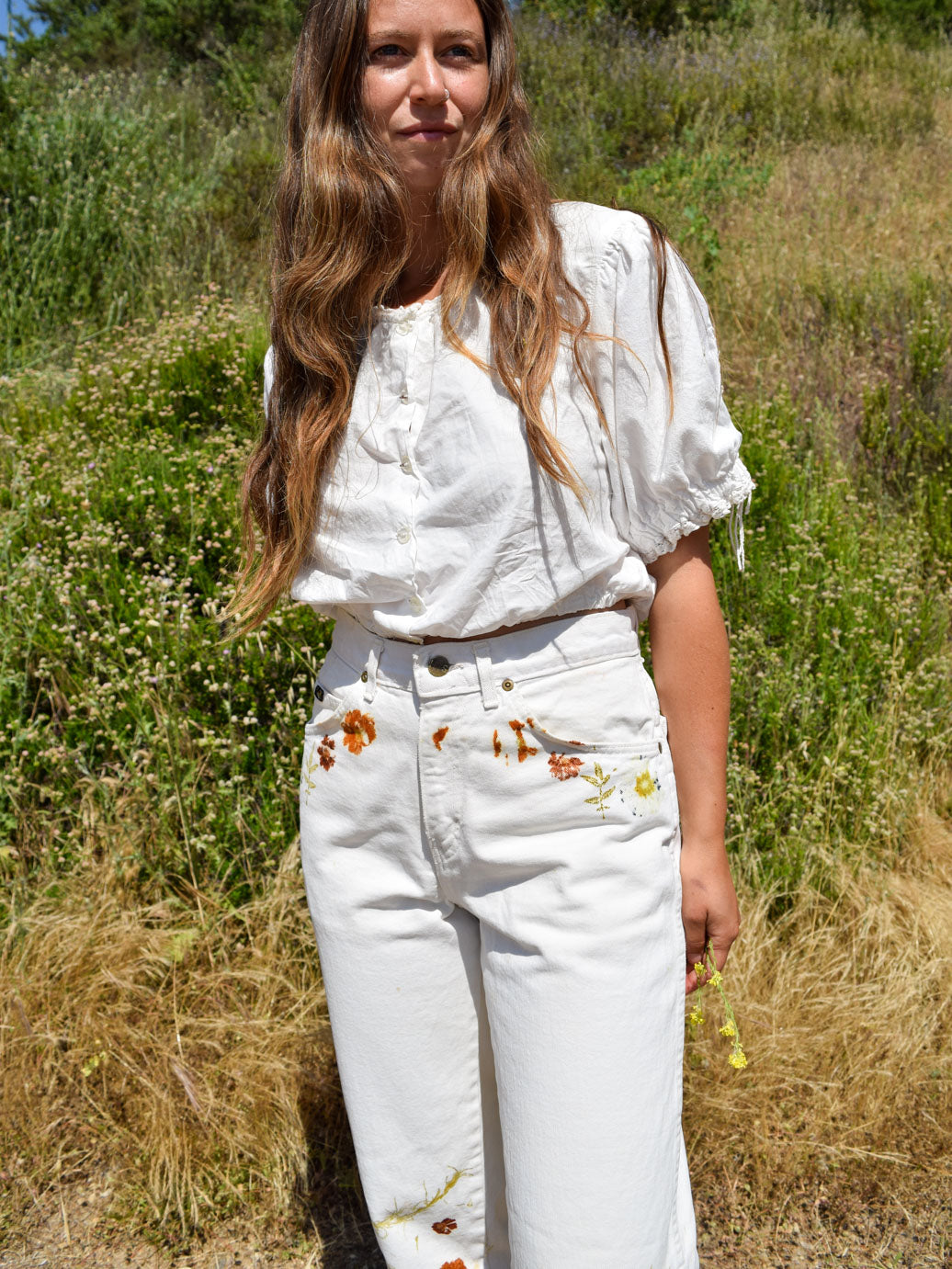 Eco-printed White Denim Jeans