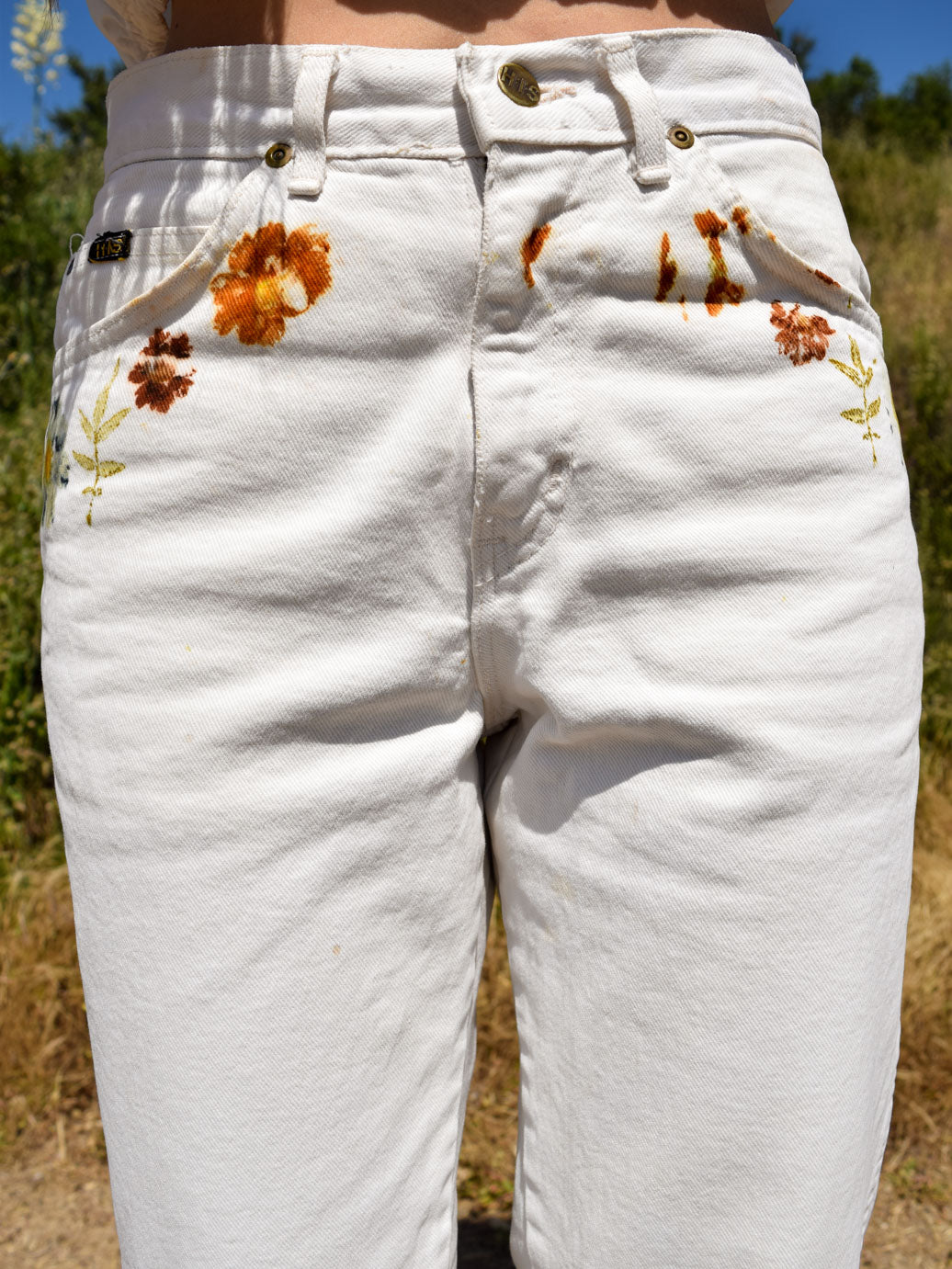 Eco-printed White Denim Jeans