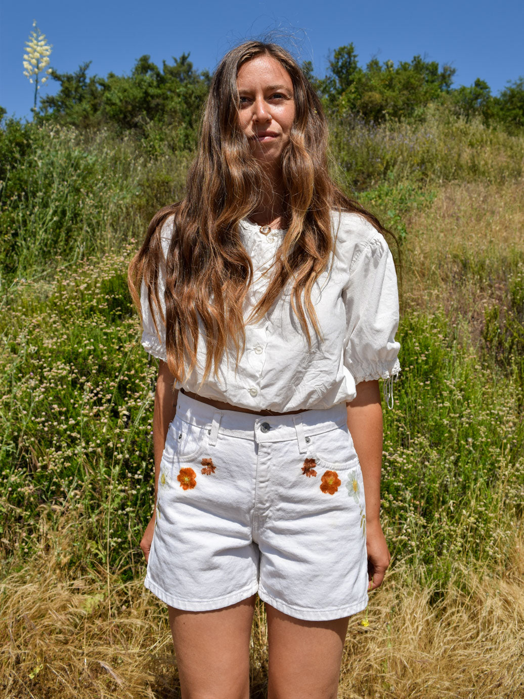 Eco-printed Levi's White Denim Shorts