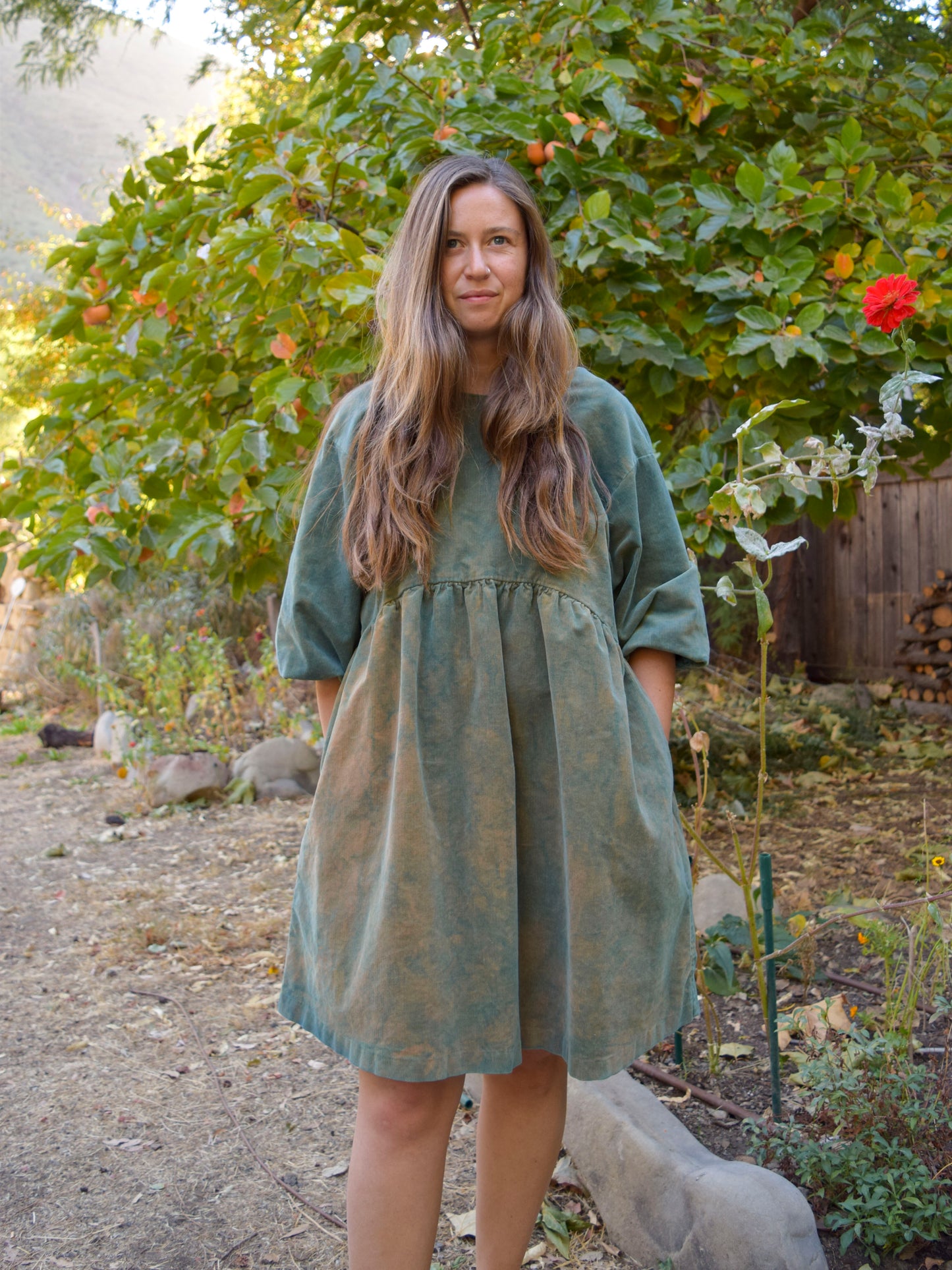 Indigo Corduroy Puff Sleeve Dress