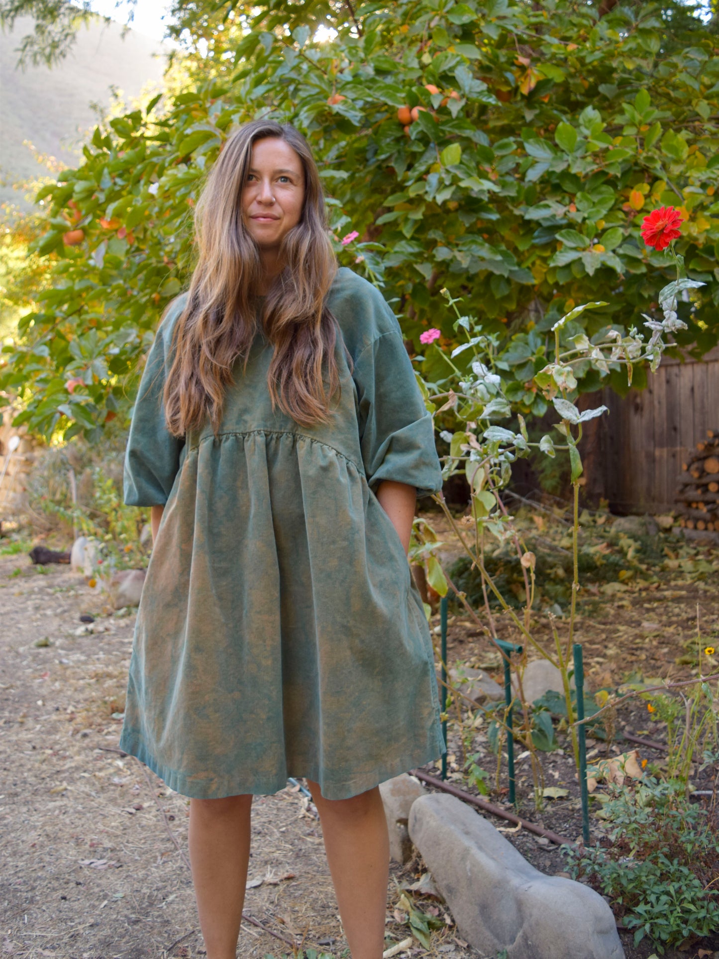 Indigo Corduroy Puff Sleeve Dress