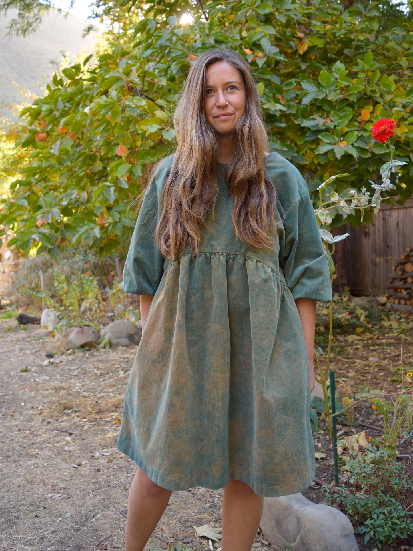 Indigo Corduroy Puff Sleeve Dress