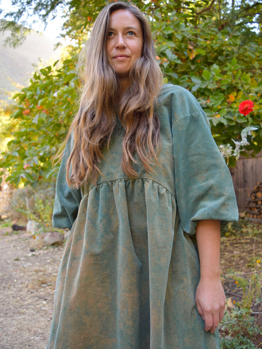 Indigo Corduroy Puff Sleeve Dress