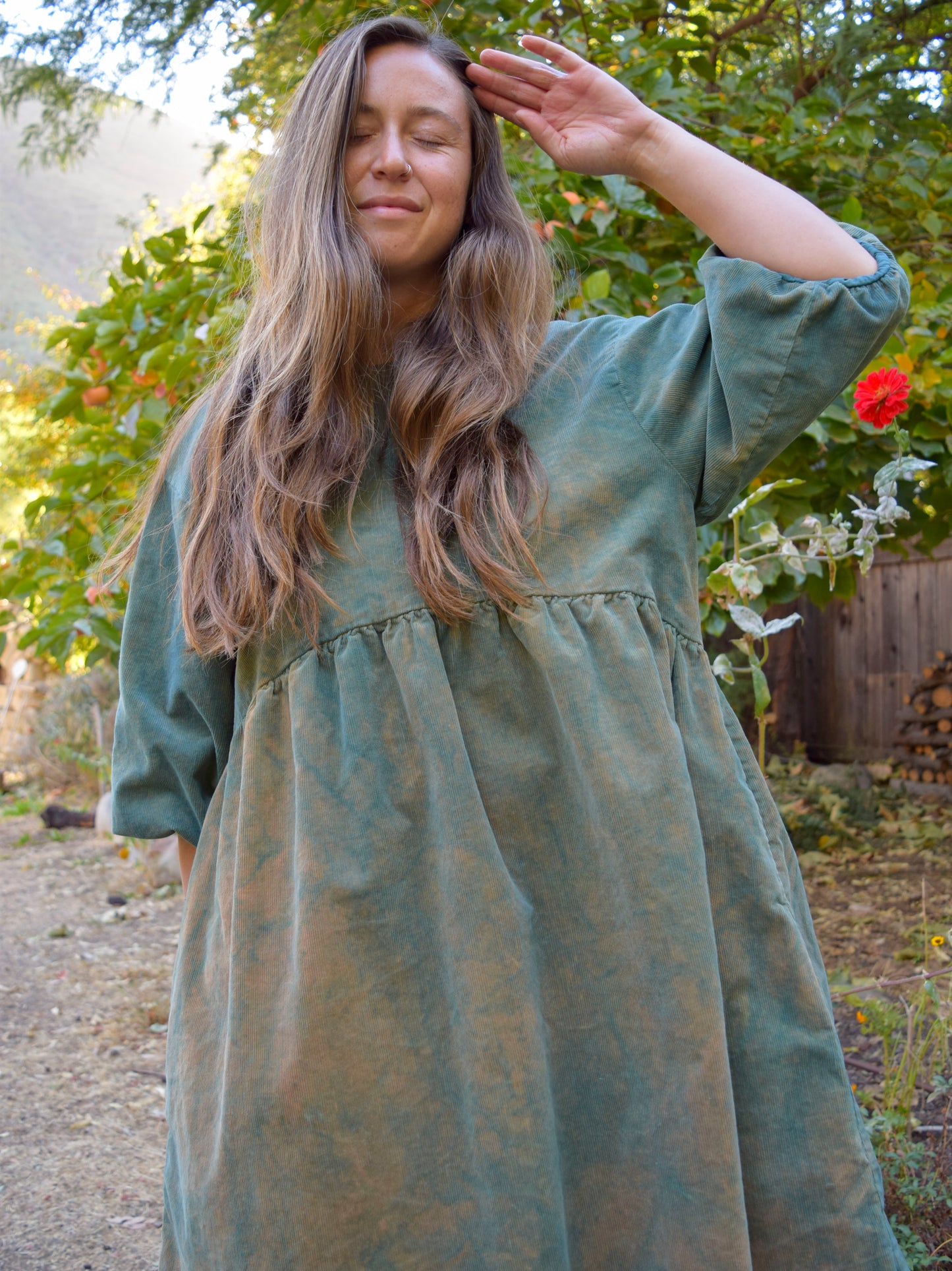 Indigo Corduroy Puff Sleeve Dress