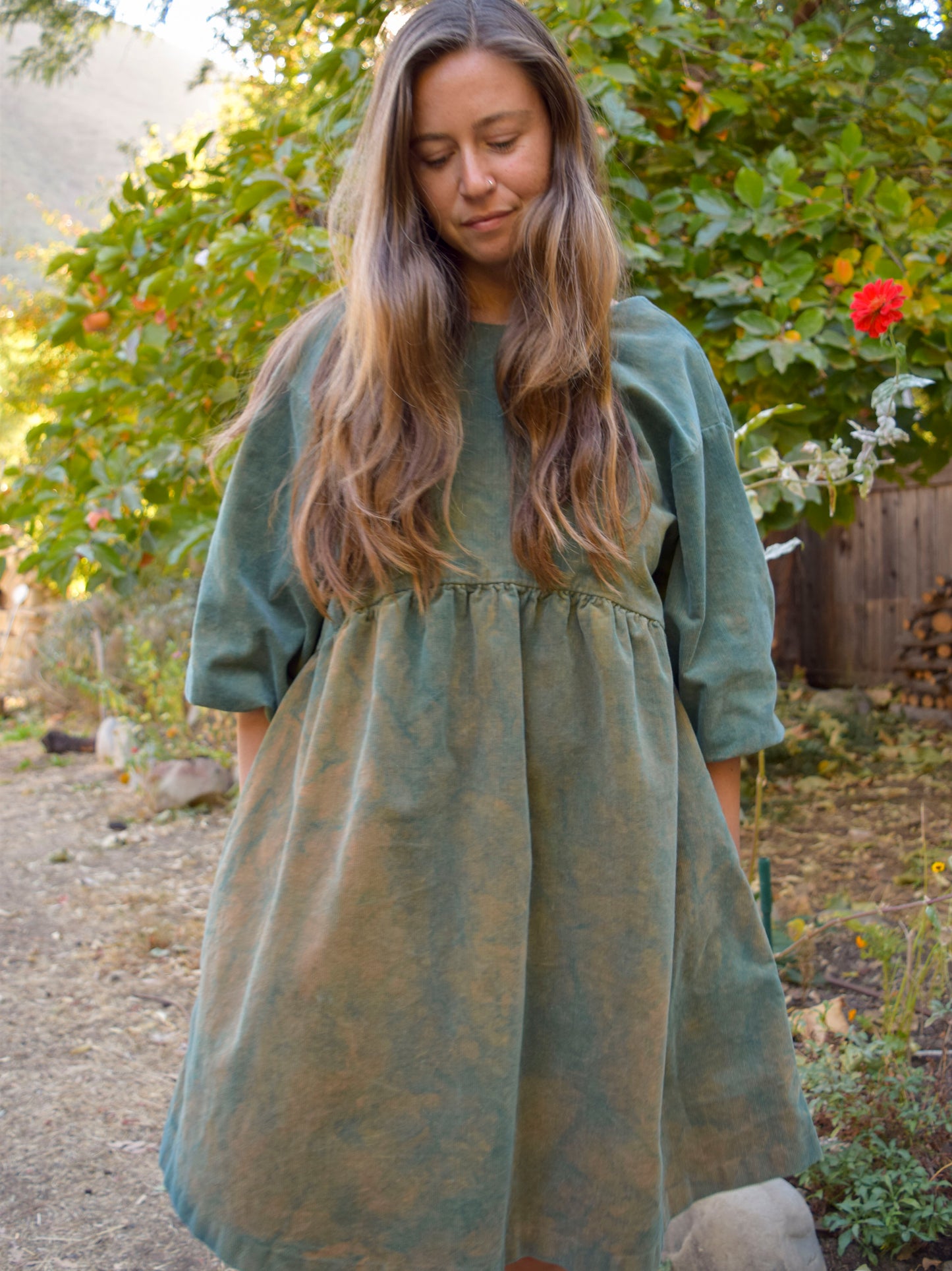 Indigo Corduroy Puff Sleeve Dress