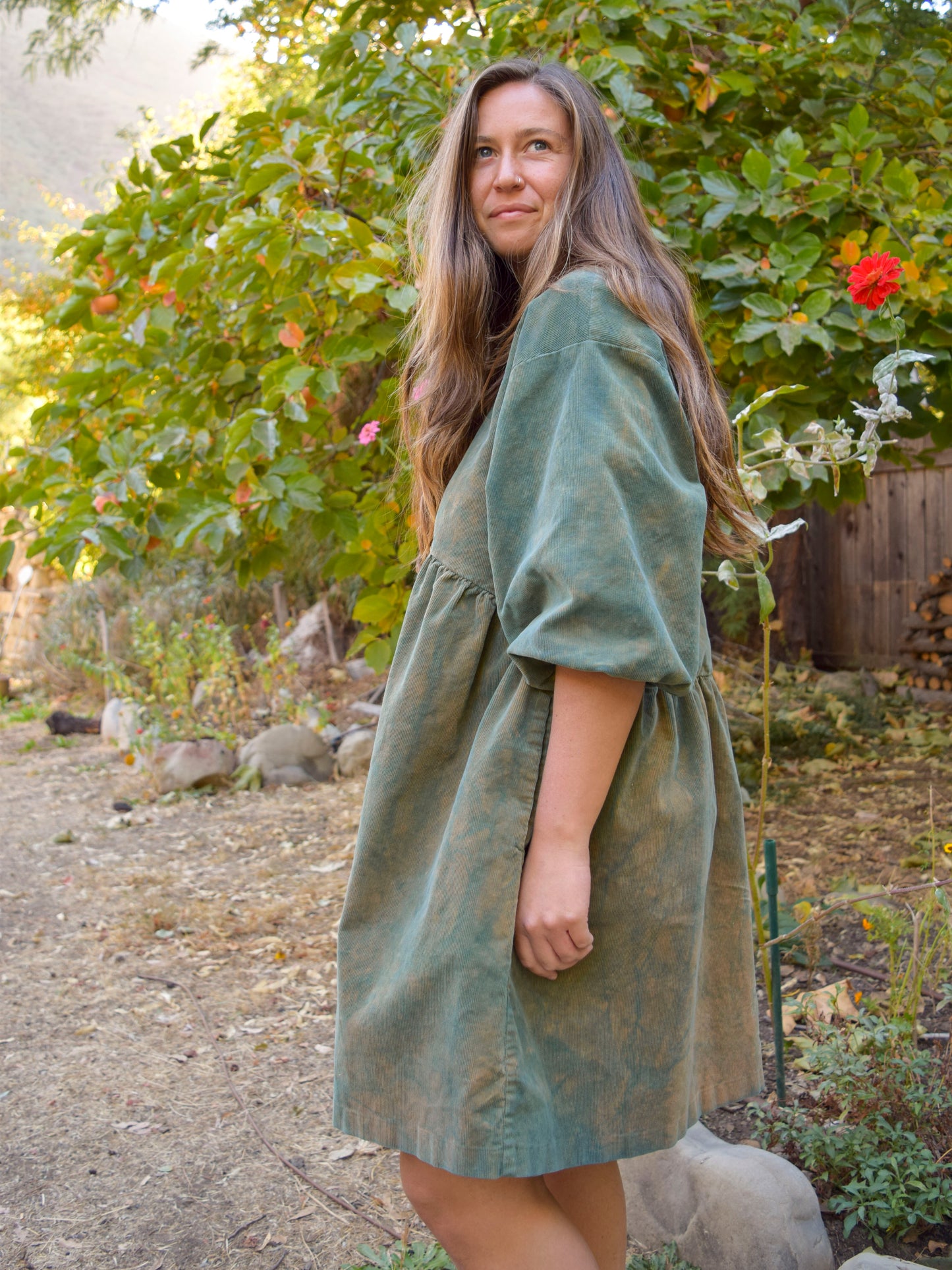 Indigo Corduroy Puff Sleeve Dress