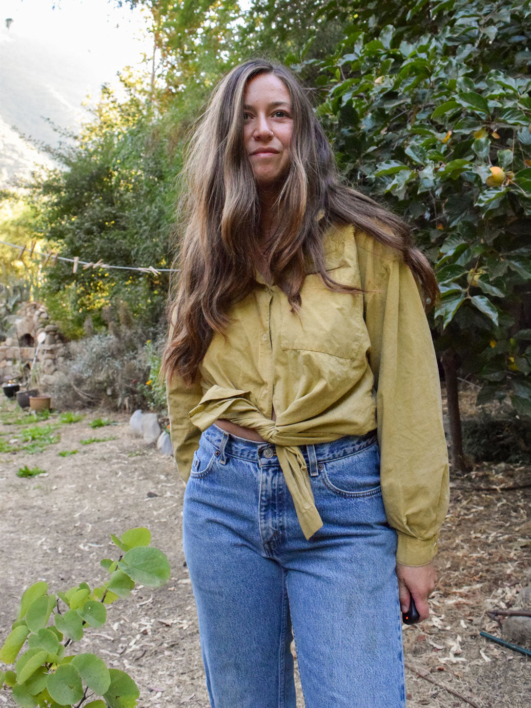 Marigold & Chesnut Flower Embroidered Long Sleeve Button-up