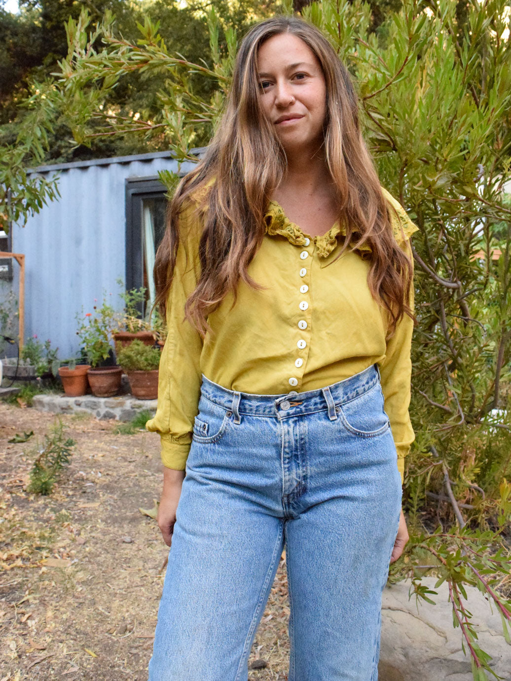 Marigold Embroidered Ruffle Neck Long Sleeve Blouse