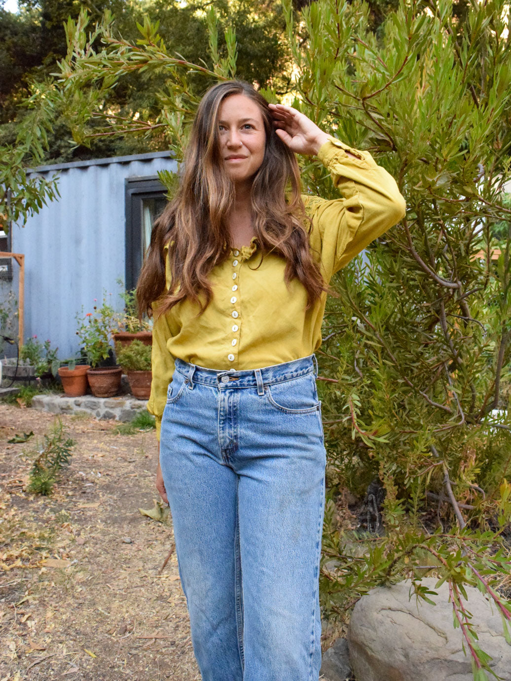 Marigold Embroidered Ruffle Neck Long Sleeve Blouse