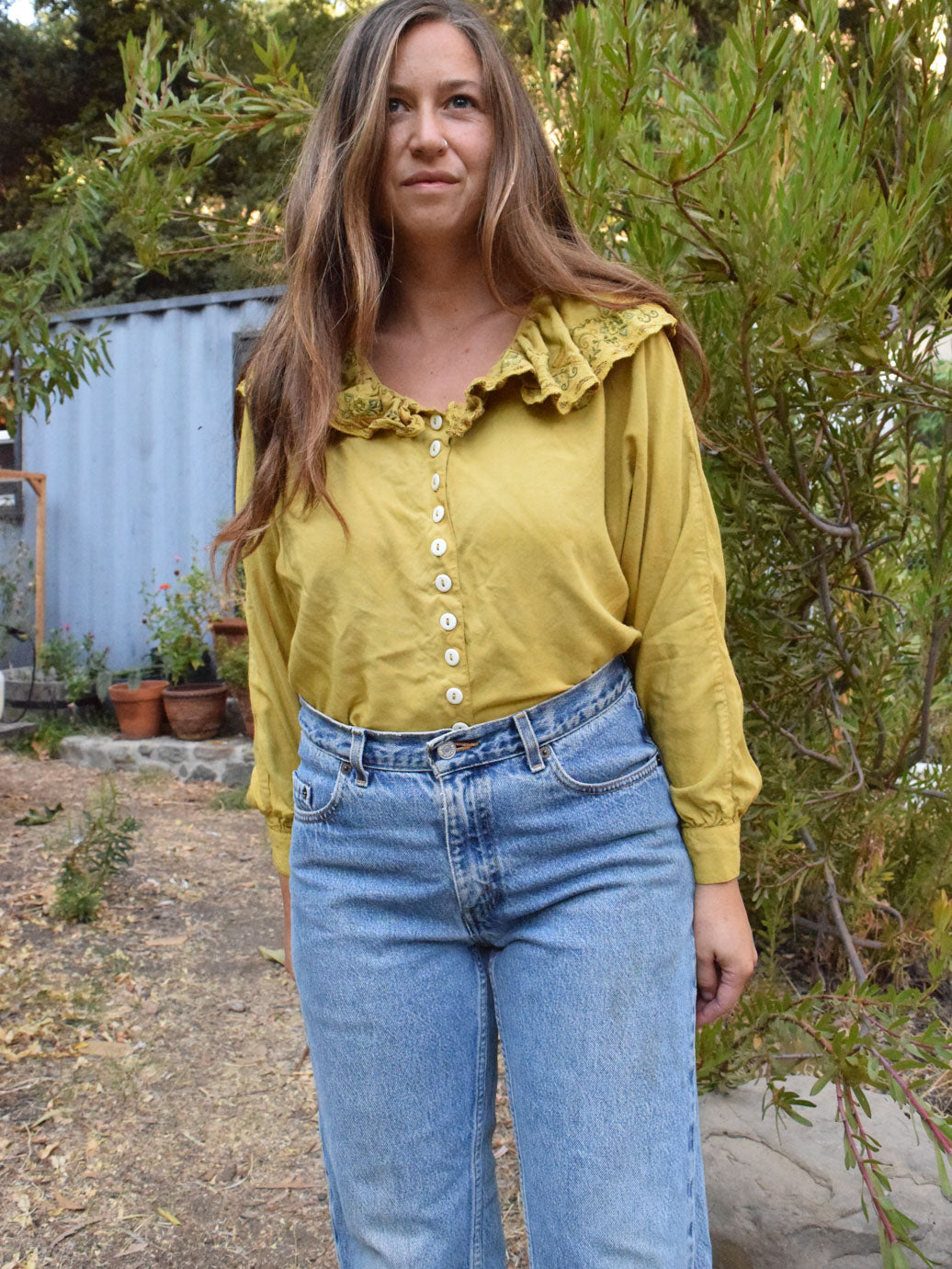 Marigold Embroidered Ruffle Neck Long Sleeve Blouse