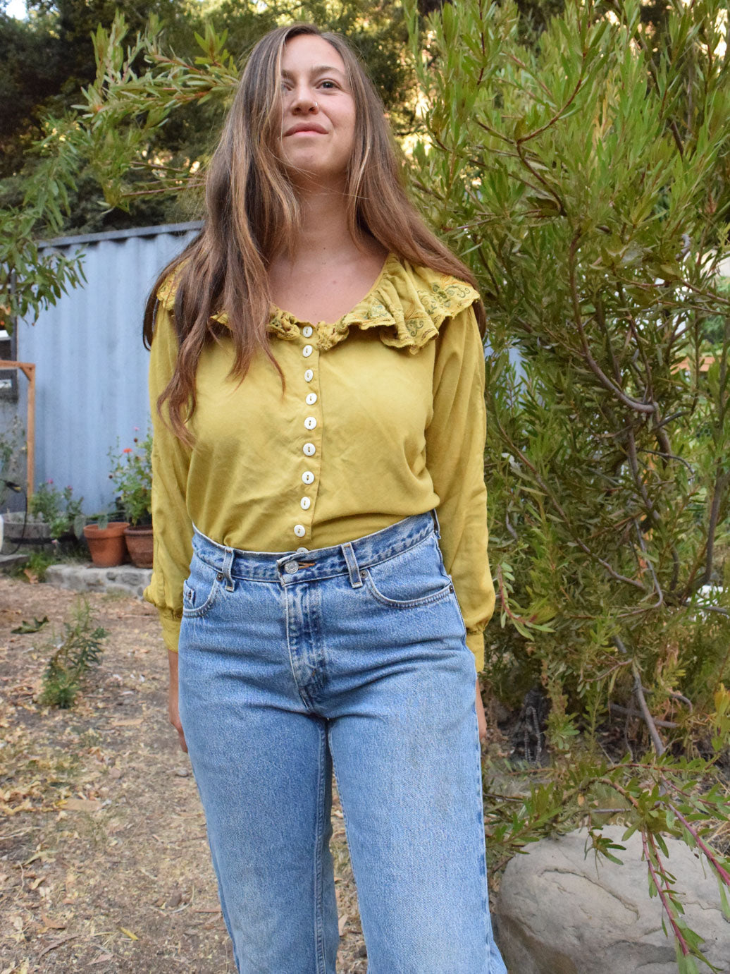 Marigold Embroidered Ruffle Neck Long Sleeve Blouse