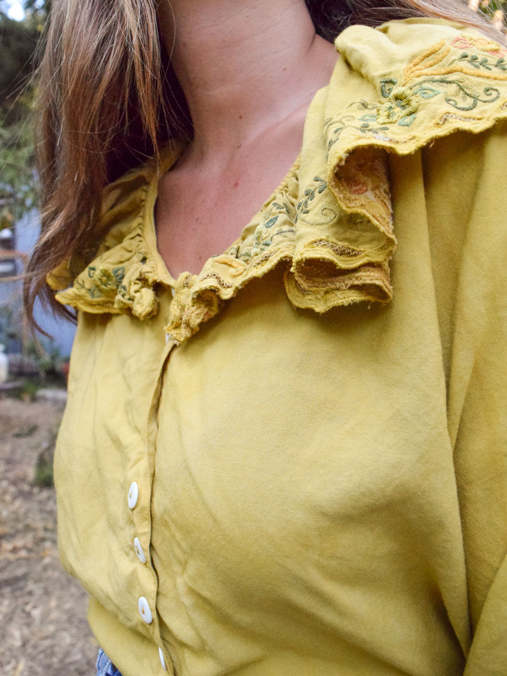 Marigold Embroidered Ruffle Neck Long Sleeve Blouse