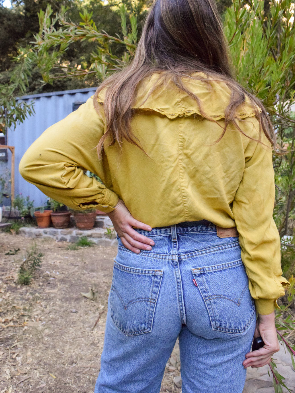 Marigold Embroidered Ruffle Neck Long Sleeve Blouse